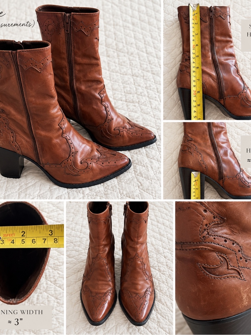 ANTONIO MELANI Cognac Brown Leather Western Mid-Calf Boots - Picture 2 of 2